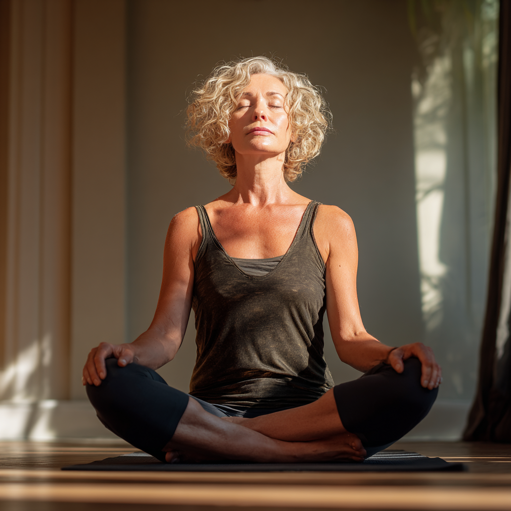 Middle-aged woman practicing yoga in natural light studio