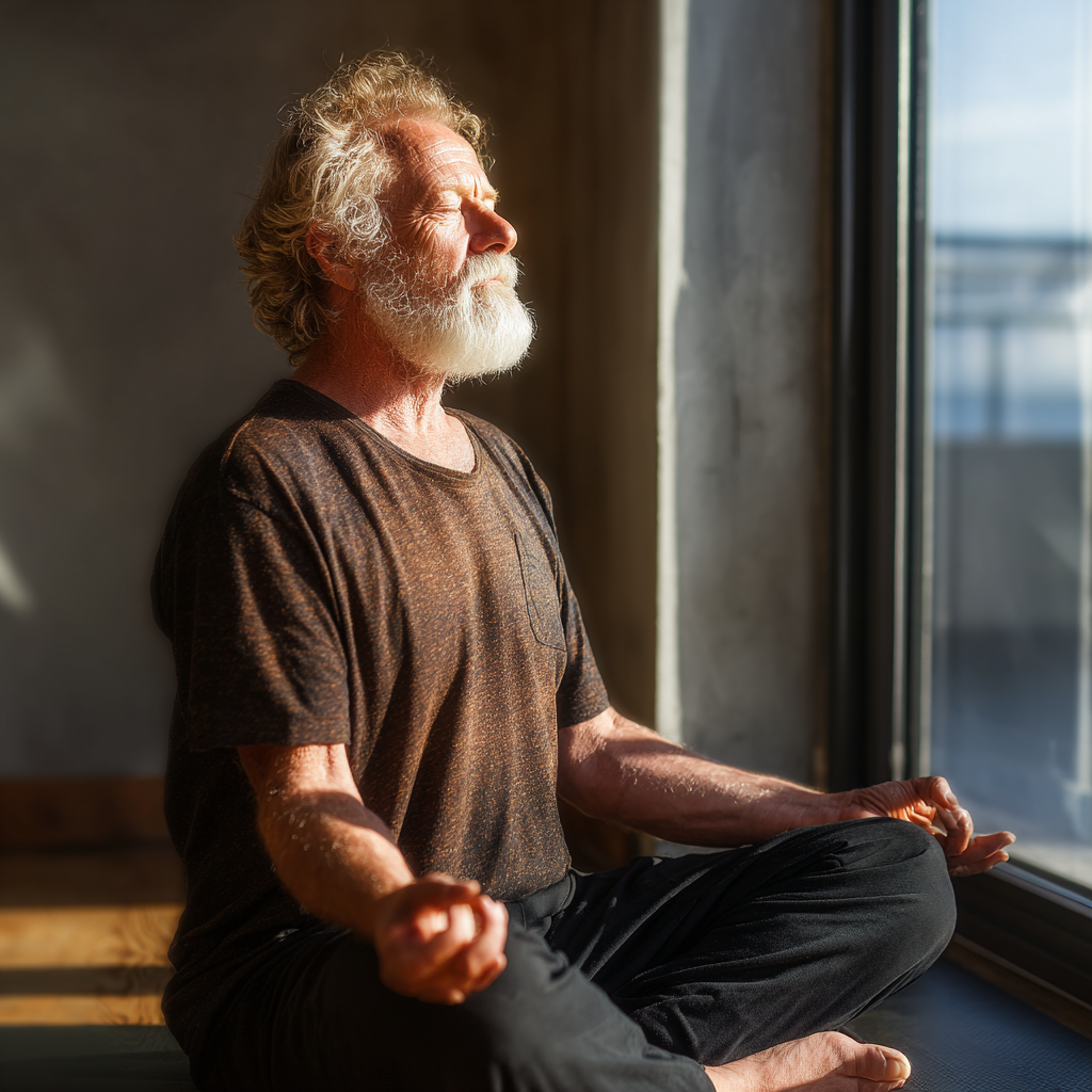Older adult in meditation pose demonstrating stability and calm